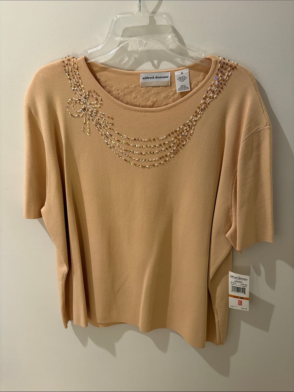 Alfred Dunner Peach Short-Sleeve Top with Beaded Necklace Detail